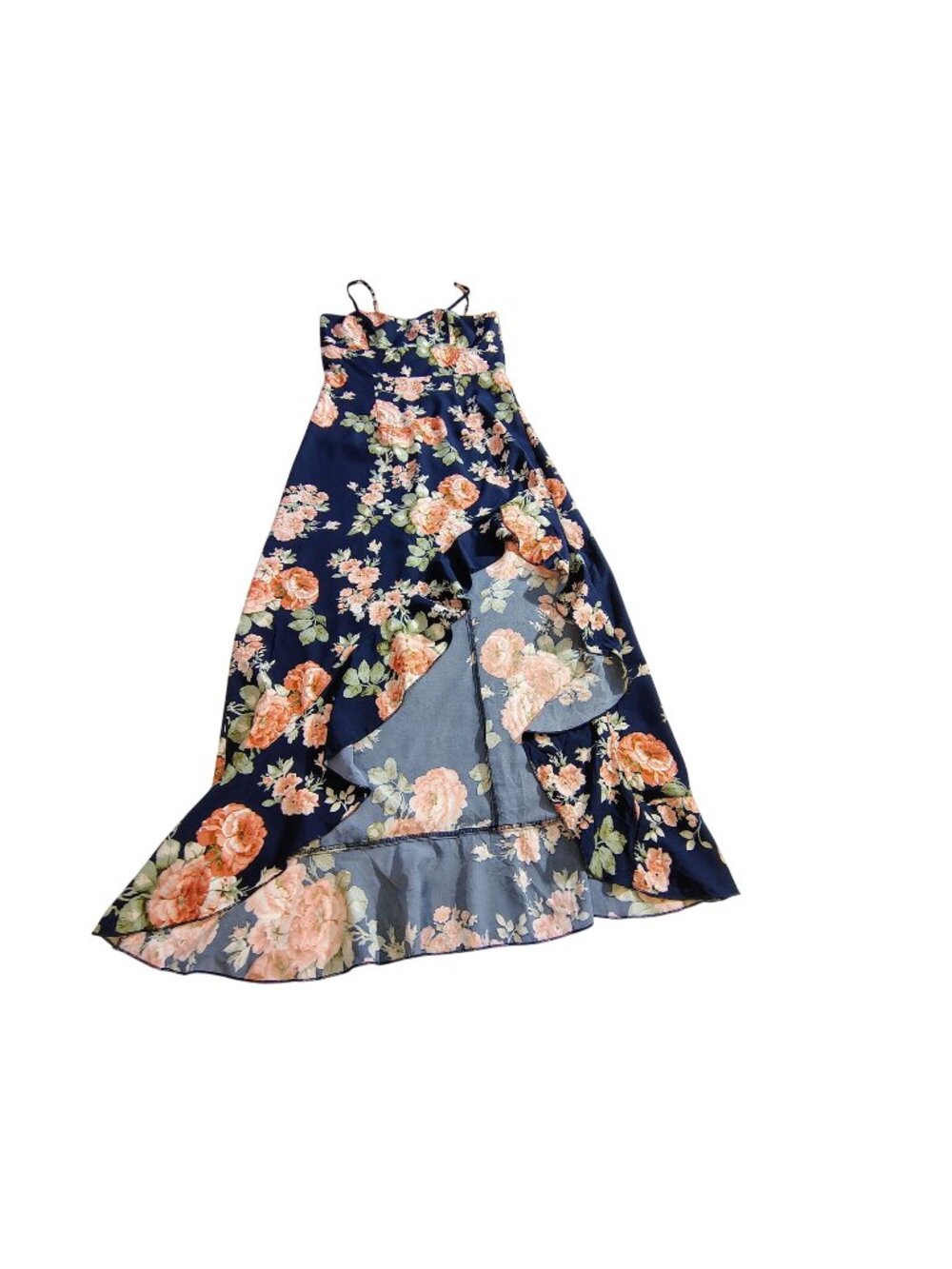 Shein Womens Floral Navy Maxi Dress With Adjustable Straps & Ruffled Hem Size M